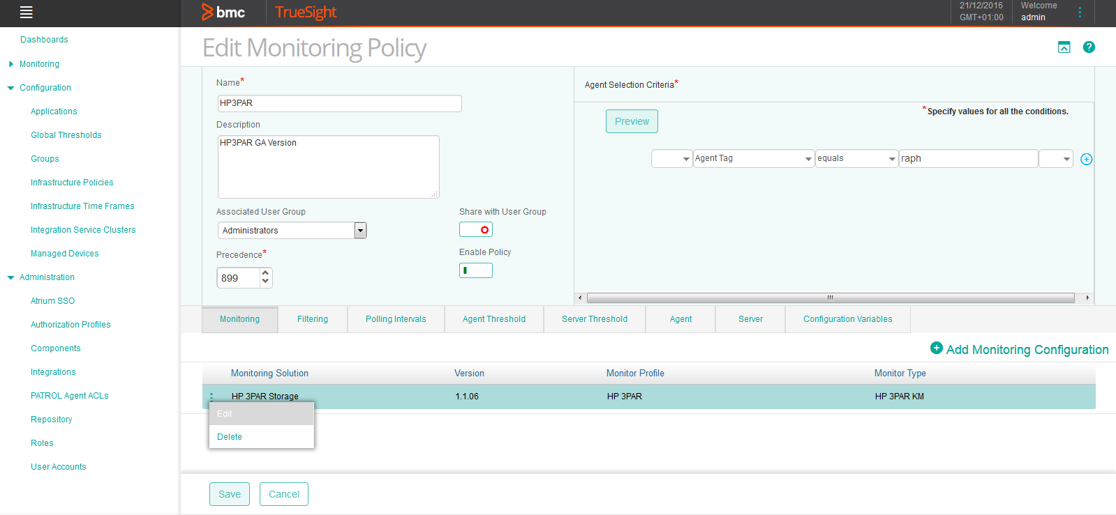 Editing the HP3PAR Monitoring Policy